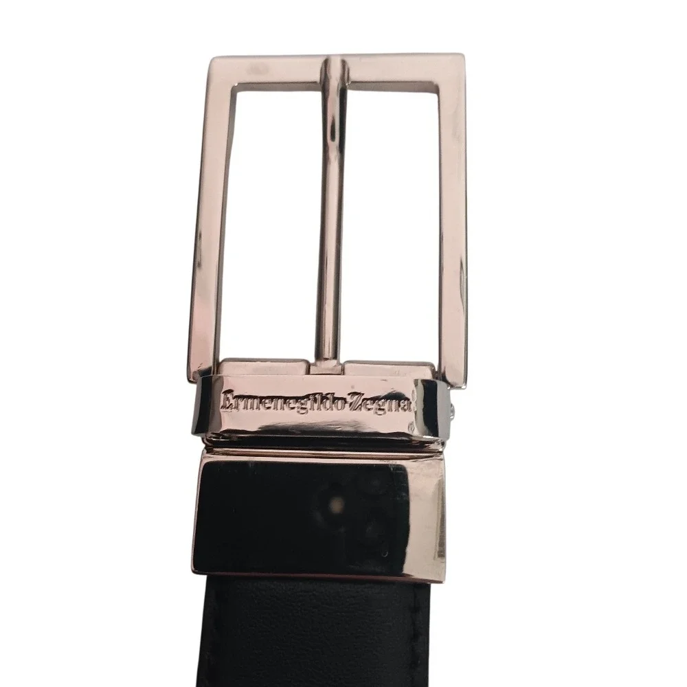 Ermenegildo Zegna Belt Men 38 Black Brown Reversible Leather Silver Buckle Italy